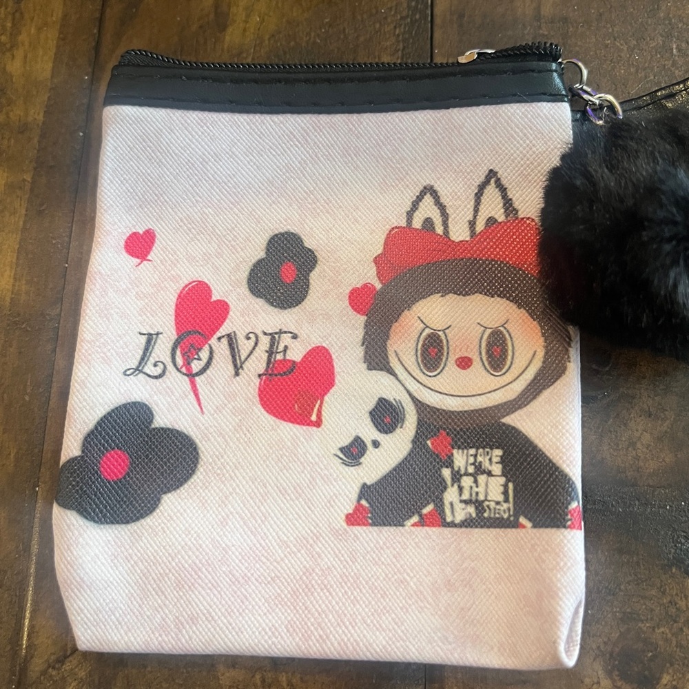 Labubu Heart Zip Pouch Pink Black Cute Kawaii Coin Makeup Bag Pom Keychain - Picture 3 of 5
